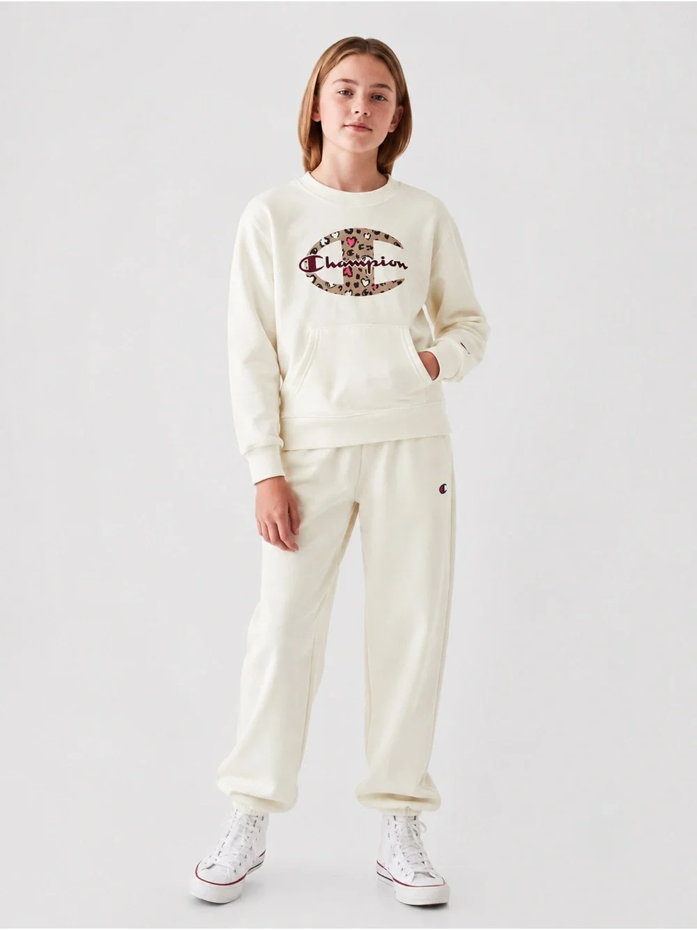 Champion Girls Cream Matching Sweat Set | Crewneck & Joggers | Size M (8/10)